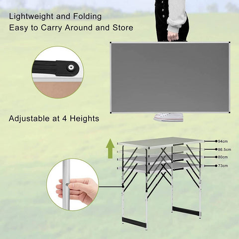 Rootz Aluminum Folding Camping Table - Portable Outdoor Table - Adjustable Height - Lightweight - Easy to Clean - 60cm x 100cm