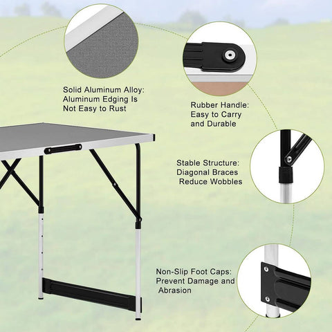 Rootz Aluminum Folding Camping Table - Portable Outdoor Table - Adjustable Height - Lightweight - Easy to Clean - 60cm x 100cm