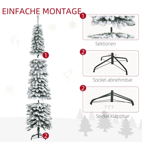 Rootz 210cm Artificial Christmas Tree - Snow-Covered Branches - Festive Decor - Narrow Design - Fireproof - Metal Stand - Green+White - 54cm x 54cm x 210cm
