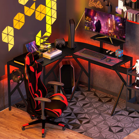 Rootz Gaming Desk - Corner Desk - Gamer Desk - Carbon Fiber Board - 125cm x 125cm x 75cm - Includes Screen Holder & Headphone Hook