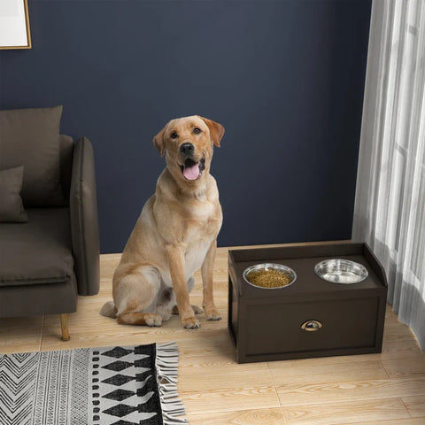 Rootz Feeding Station - Raised Feeding Bowls - 2 Feeding Bowls - 2 Stainless Steel Bowls - 1 Storage Space - Brown - 60 x 30 x 36 cm