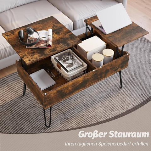 Rootz Lift Top Coffee Table - Lift Office Table - Adjustable Coffee Table - Hidden Storage - Solid Wood - 115cm x 60cm x 75cm