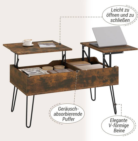 Rootz Lift Top Coffee Table - Lift Office Table - Adjustable Coffee Table - Hidden Storage - Solid Wood - 115cm x 60cm x 75cm