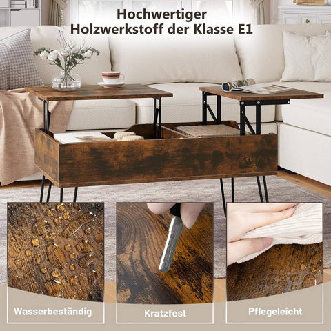 Rootz Lift Top Coffee Table - Lift Office Table - Adjustable Coffee Table - Hidden Storage - Solid Wood - 115cm x 60cm x 75cm