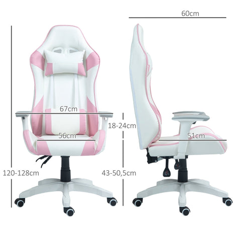 Rootz Gaming Chair Racing Design - Ergonomic Gaming Chair - Adjustable Height Chair - Faux Leather - 67W x 60D x 120-128H cm - Pink/White