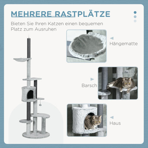 Rootz Cat Tree - Floor to Ceiling Scratching Post - Climbing Tower - Hammock - Cat House - Velvet Cover - Height Adjustable - Gray - Ø60 x 225-255H cm