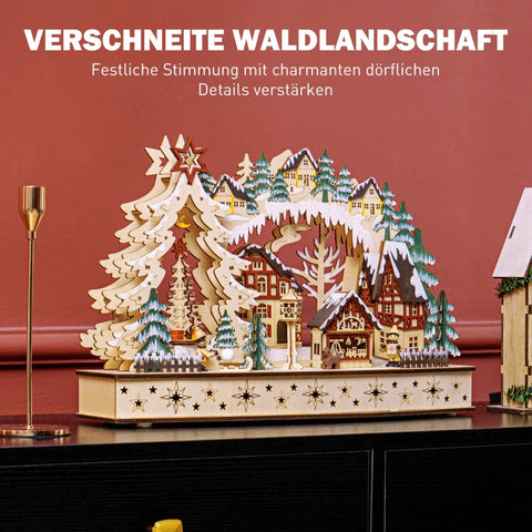 Rootz Christmas Village - Festive Forest Scene - Winter Landscape - 20 LED Lights - Table Mantel Decor - Natural Wood - 45cm x 12cm x 30cm