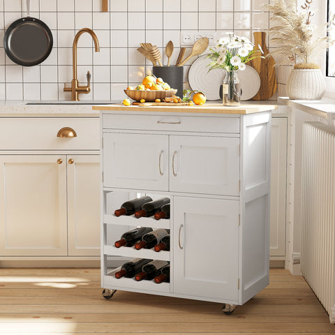 Rootz Kitchen Island - Mobile Kitchen Cart - Rolling Storage Cabinet - Ample Storage - 67cm x 37cm x 87cm - White MDF, Rubberwood Top
