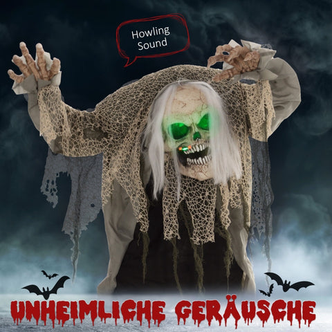 Rootz Animated Halloween Decoration - Skeleton Ghost - Bendable Arms - Green Glowing Head - Eerie Howls - 65cm x 30cm x 160cm