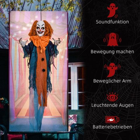 Rootz Halloween Animated Circus Clown Decoration - Spooky Prop - Moving Arms - Glowing Eyes - Clown Sounds - 83cm x 20cm x 168cm