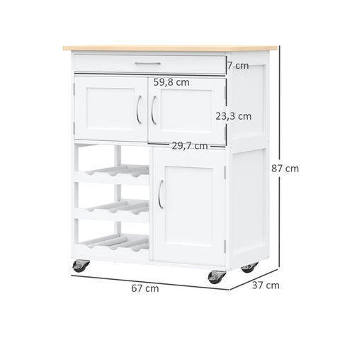 Rootz Kitchen Island - Mobile Kitchen Cart - Rolling Storage Cabinet - Ample Storage - 67cm x 37cm x 87cm - White MDF, Rubberwood Top