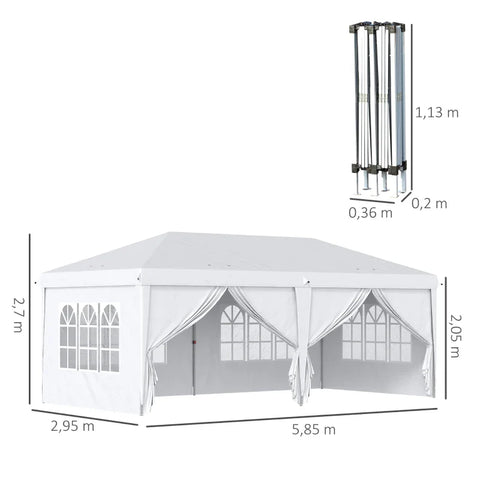 Rootz Folding Gazebo - Removable Side Panels - Large Windows - Zip Doors - Steel Frame - White - 585cm x 295cm x 270cm