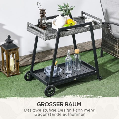Rootz Grillwagen BBQ-Wagen Serving Trolley - Storage Trolley - Wheeled Storage Cart - Generous Two-Tier Design - Effortless Mobility - Stable and Secure - 79cm x 52cm x 82cm - Steel and PE Rattan
