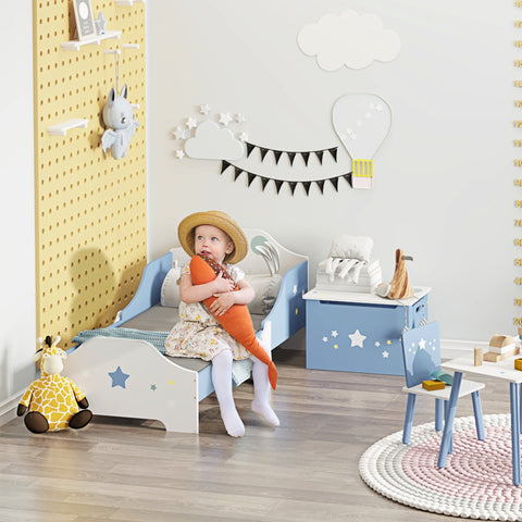 Rootz Children's Bed 3-6 Years - Toddler Bed - Kids Cot - Safety Features - 143 x 74 x 59 cm - Blue White Star Design