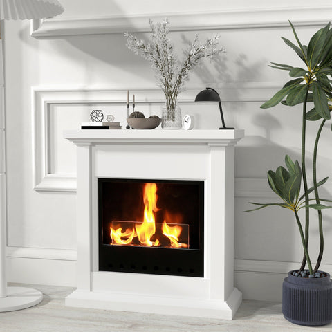 Rootz Bioethanol Fireplace - Metal Burner - Indoor Fireplace - 3 Hour Burn - Protective Glass - 400ml Capacity - White