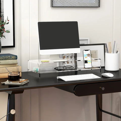 Rootz Monitor Stand -with Keyboard Compartment - Transparent - For Monitors Up To 24 Inches - 2 Levels - Acrylic - 50.8 x 19 x 12 cm