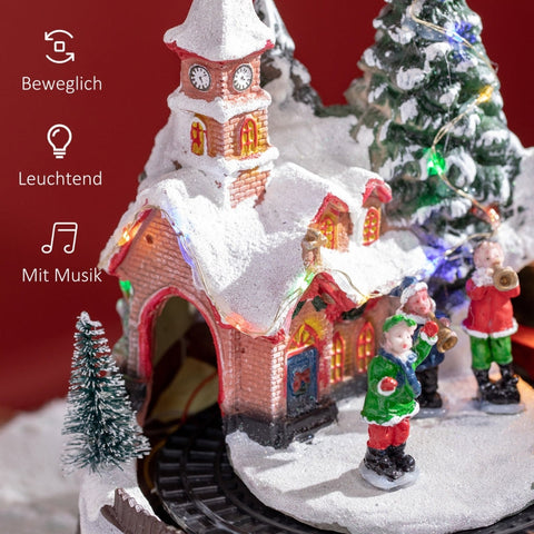 Rootz Christmas Village Decor - LED Illuminated Holiday Scene - Church, Trees, Moving Train - 12 Built-in Lights and 8 Songs - 20cm x 19.5cm x 20cm