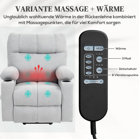 Rootz Stand-Up TV Recliner - Massage Chair - Footrest Recliner - 135° Recline - Oversized Design - Easy Assembly - Light Gray - 91cm x 95cm x 109cm