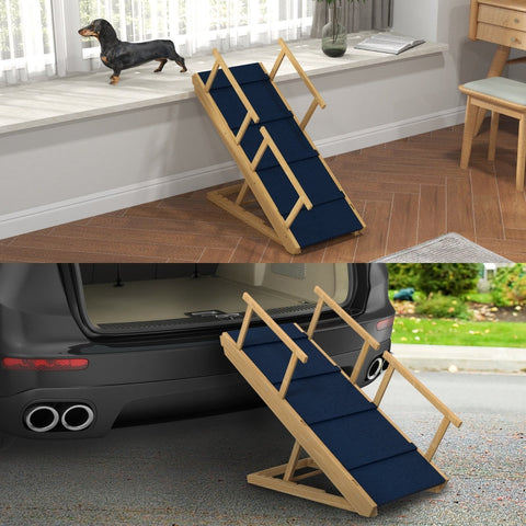 Rootz Dog Ramp - Wooden Pet Ramp - Folding Easy Climb - Support Large Dogs - Adjustable Heights - Non-Slip Mats - Railings - 85cm x 40cm x 78.5cm