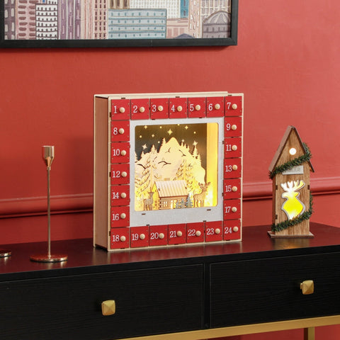 Rootz Christmas Advent Calendar - LED Lit - Large Drawers - Festive Decor - MDF - 34cm x 7cm x 34cm
