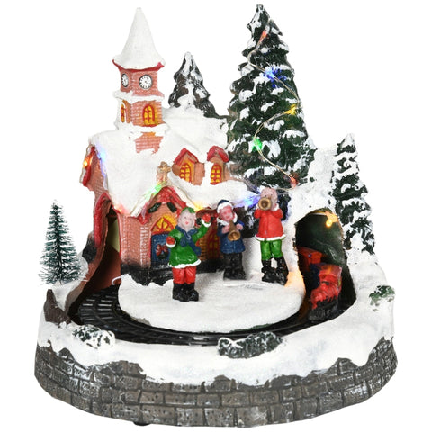Rootz Christmas Village Decor - LED Illuminated Holiday Scene - Church, Trees, Moving Train - 12 Built-in Lights and 8 Songs - 20cm x 19.5cm x 20cm