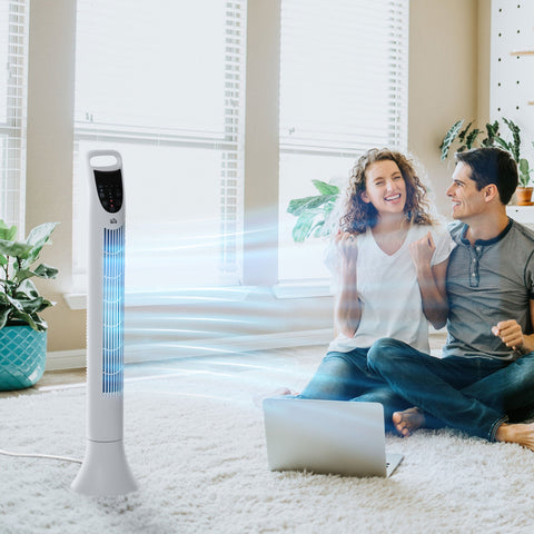 Rootz Quiet Swivel Column Fan - Tower Fan - Oscillating Fan - Remote Control - Ultra Quiet - 20cm x 91.5cm - White