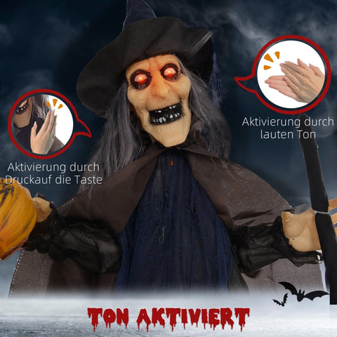 Rootz Animated Halloween Decoration - Witch on Broomstick - Spooky Prop - Glowing Eyes - Pumpkin - 107cm x 65cm x 190cm