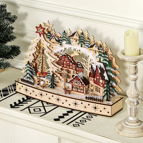 Rootz Christmas Village - Festive Forest Scene - Winter Landscape - 20 LED Lights - Table Mantel Decor - Natural Wood - 45cm x 12cm x 30cm