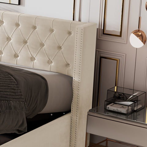 Rootz Upholstered Bed - Hydraulic Storage Bed - Chesterfield Bed - Luxurious Velvet Fabric - 209cm x 170cm x 94.5cm