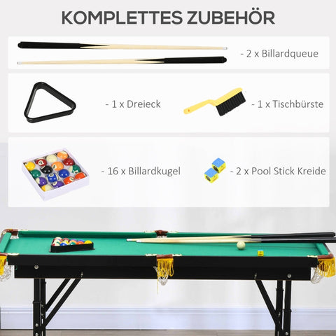Rootz Foldable Pool Table - Billiard Table - Snooker Table - Adjustable Height - Complete Set - Space-Saving Storage - 140cm x 60cm x 55-75cm - MDF & Steel