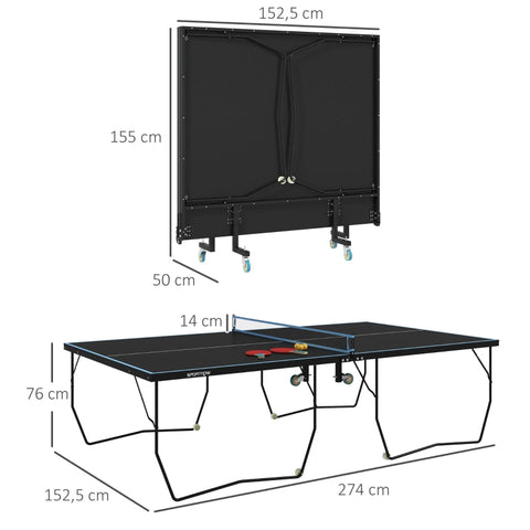 Rootz Table Tennis Table - Ping Pong Table - Compact Foldable - Versatile Use - 274cm x 152.5cm x 76cm - Black Steel MDF - Wheels - Accessories