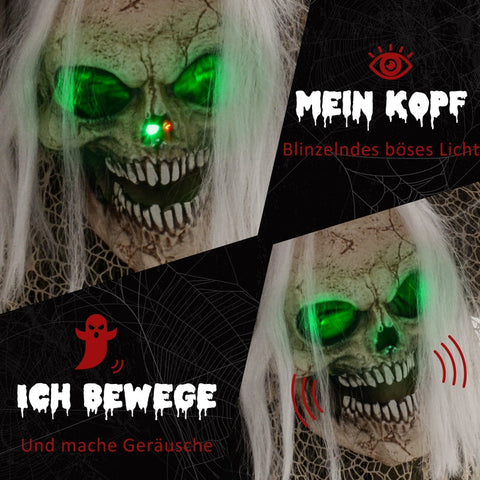 Rootz Animated Halloween Decoration - Skeleton Ghost - Bendable Arms - Green Glowing Head - Eerie Howls - 65cm x 30cm x 160cm