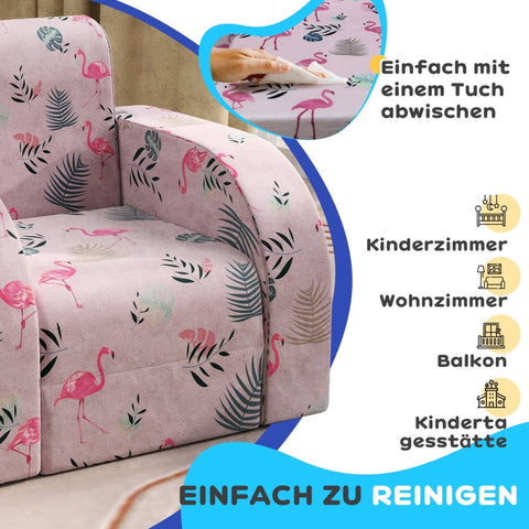 Rootz Kids Flamingo Armchair - Children's Sofa - Transforming Seat - Foldable Bed - Cozy Cover - Portable Design - 46.5cm x 93cm x 28.5cm