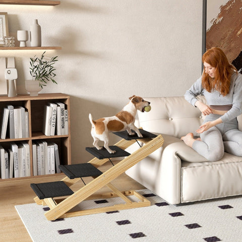Rootz Pet Stairs - Dog Staircase & Ramp - Pine Wood - Adjustable Height - Foldable Design - Non-Slip Surface - 83cm x 40cm x 62.5cm