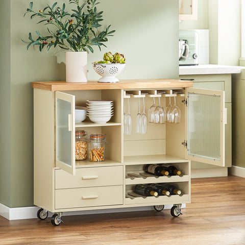 Rootz Keuken Eiland Kar - Draagbaar Eiland - Rollende Keuken Kar - MDF(E1) Bamboe Rubberhout - Opbergmogelijkheden - 109cm x 92cm x 40cm
