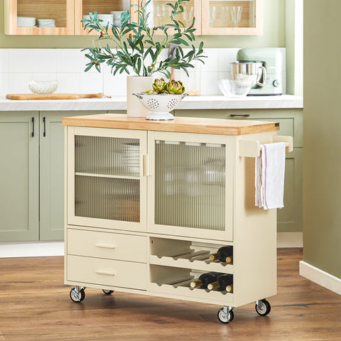 Rootz Keuken Eiland Kar - Draagbaar Eiland - Rollende Keuken Kar - MDF(E1) Bamboe Rubberhout - Opbergmogelijkheden - 109cm x 92cm x 40cm