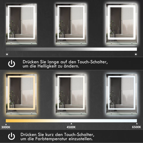 Rootz Bathroom Mirror LED Lighting - Illuminated Mirror - Lighted Vanity - Anti-Fog Function - 70cm x 50cm