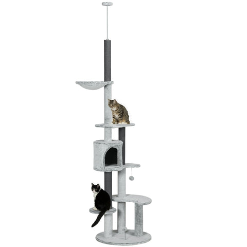 Rootz Cat Tree - Floor to Ceiling Scratching Post - Climbing Tower - Hammock - Cat House - Velvet Cover - Height Adjustable - Gray - Ø60 x 225-255H cm