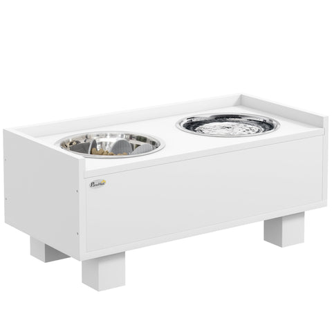 Rootz Elevated Dog Feeding Station - Pet Feeder - Dog Bowl Stand - Promotes Healthy Eating - 50cm x 24cm x 22cm - Storage & Slow Feeder Mat, White
