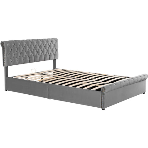 Rootz Upholstered Bed - Velvet Bed Frame - Height Adjustable Headboard - Hydraulic Storage - 223cm x 149cm x 91.5-96.5cm - Gray