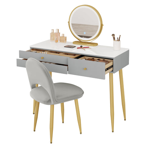 Rootz Adjustable Dressing Table with LED Mirror and Velvet Stool - Vanity Desk - Makeup Table - Adjustable Lighting, Ample Storage, Ergonomic Design - 100cm x 122cm x 40cm