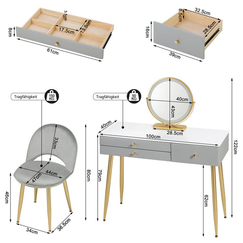 Rootz Adjustable Dressing Table with LED Mirror and Velvet Stool - Vanity Desk - Makeup Table - Adjustable Lighting, Ample Storage, Ergonomic Design - 100cm x 122cm x 40cm