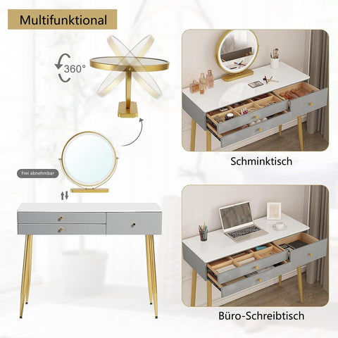 Rootz Adjustable Dressing Table with LED Mirror and Velvet Stool - Vanity Desk - Makeup Table - Adjustable Lighting, Ample Storage, Ergonomic Design - 100cm x 122cm x 40cm