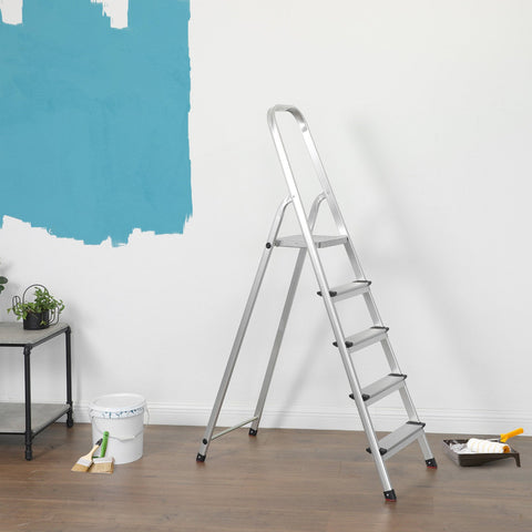 Rootz Secure Foot Caps Step Ladder - Aluminum Ladder - Folding Ladder - Floor Protection - Sturdy Construction - Non-Slip Tread - 48cm x 165cm x 102cm