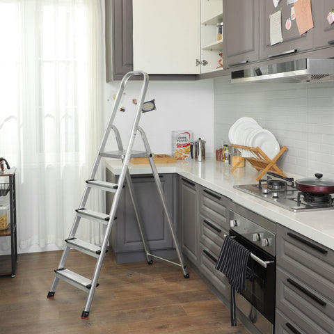 Rootz Secure Foot Caps Step Ladder - Aluminum Ladder - Folding Ladder - Floor Protection - Sturdy Construction - Non-Slip Tread - 48cm x 165cm x 102cm
