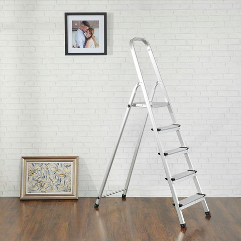 Rootz Secure Foot Caps Step Ladder - Aluminum Ladder - Folding Ladder - Floor Protection - Sturdy Construction - Non-Slip Tread - 48cm x 165cm x 102cm