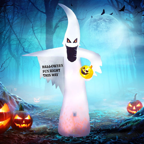 Rootz Halloween Inflatable Pumpkin Ghost - LED Lights - Flame Light - Spooky Atmosphere - Weatherproof - 140cm x 46cm x 240cm