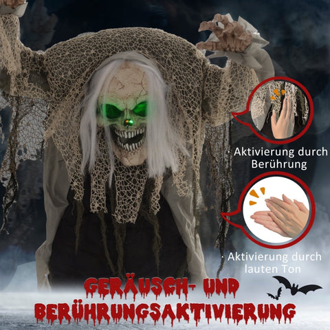 Rootz Animated Halloween Decoration - Skeleton Ghost - Bendable Arms - Green Glowing Head - Eerie Howls - 65cm x 30cm x 160cm