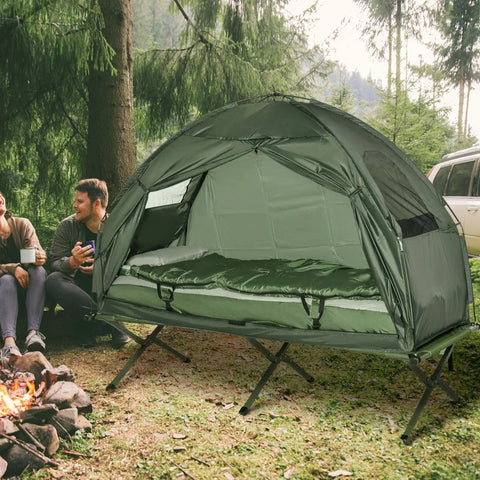 Rootz Camping Tent Set With Camp Bed - Sleeping Bag And Mattress - Outdoor Hiking Picnic Bed - Dark Green - L193 x W86 x H160 cm