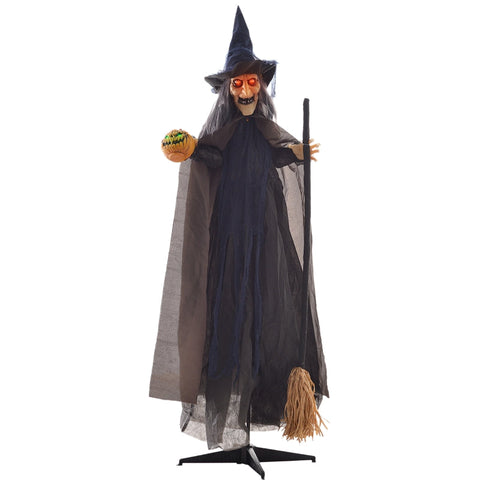 Rootz Animated Halloween Decoration - Witch on Broomstick - Spooky Prop - Glowing Eyes - Pumpkin - 107cm x 65cm x 190cm